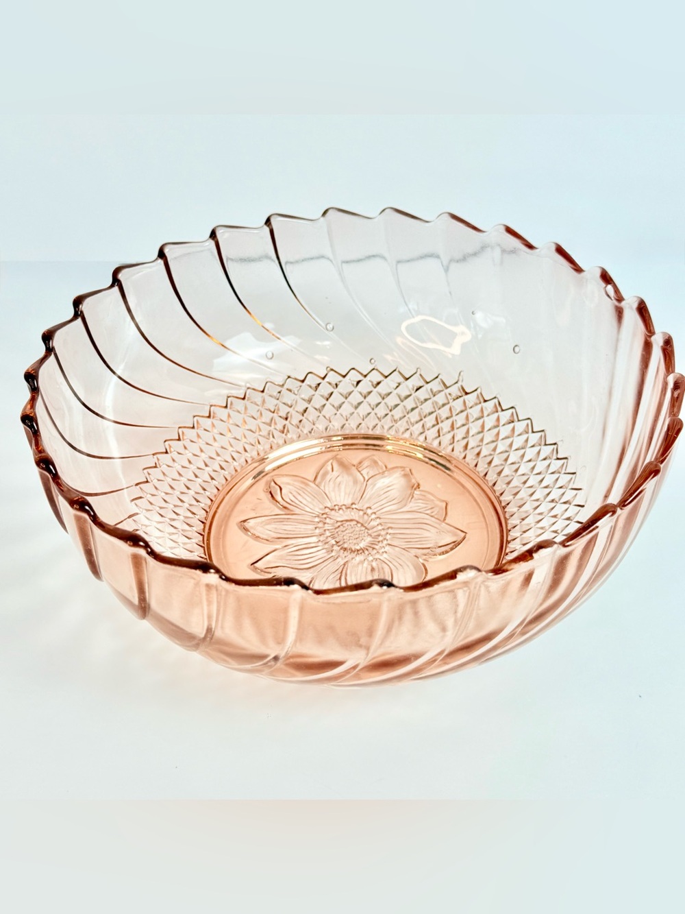 Vintage KIG Indonesia Pink Flower Glass Embossed Servicing Bowl 9" Wide 4" High